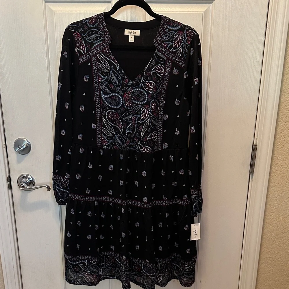 Style & Co. Black and Blue Long Sleeve Paisley Print Dress Size M - Picture 1 of 9